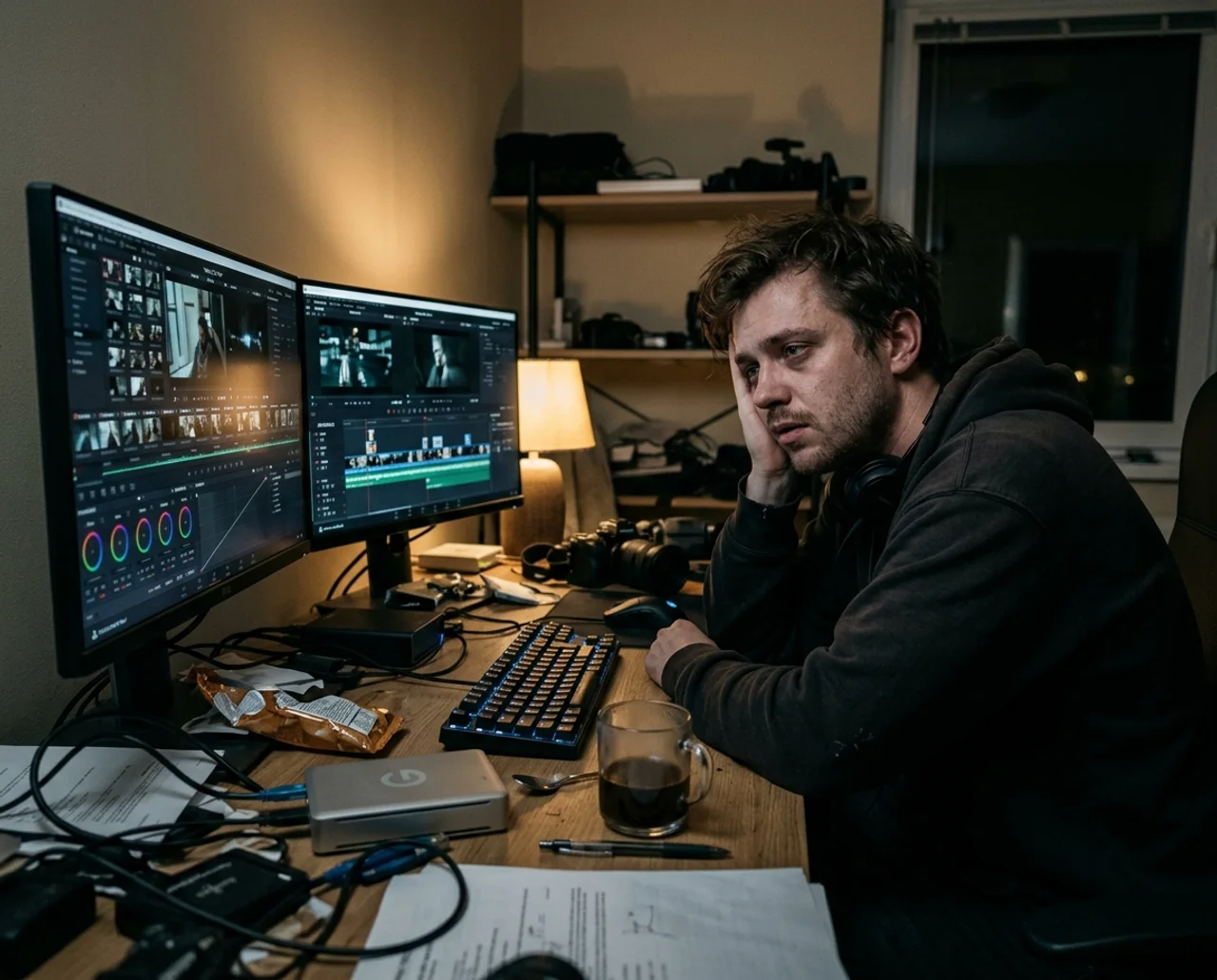 Editor freelance di sera davanti a DaVinci Resolve, scrivania disordinata, caffè freddo
