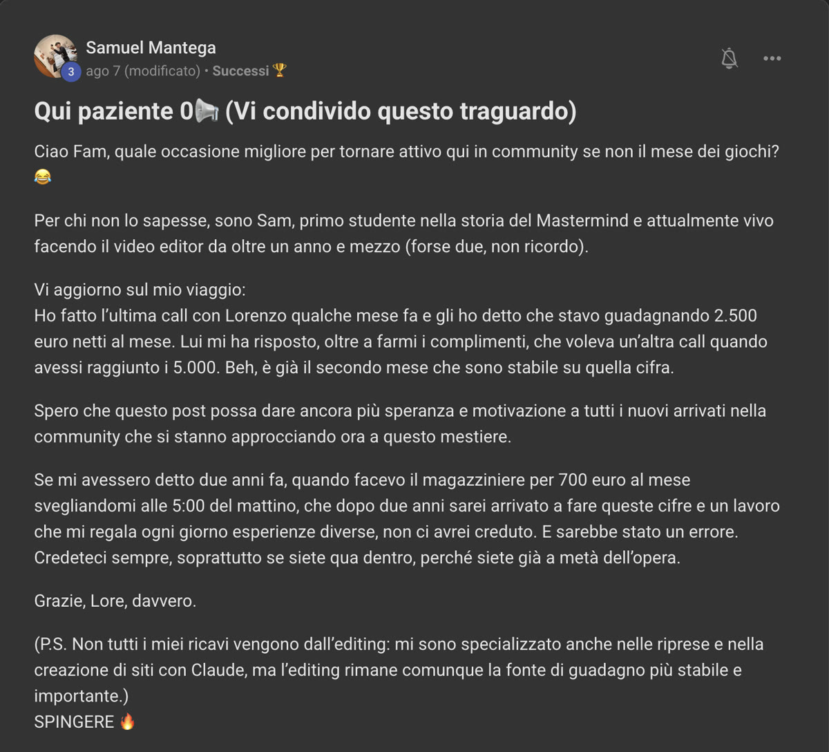 Messaggio di Samuel nella community di Editing For Freedom