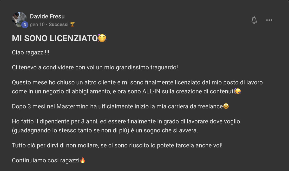 Messaggio di Davide nella community di Editing For Freedom