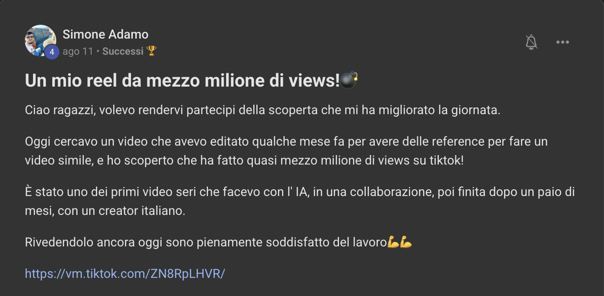 Messaggio di Simone nella community di Editing For Freedom