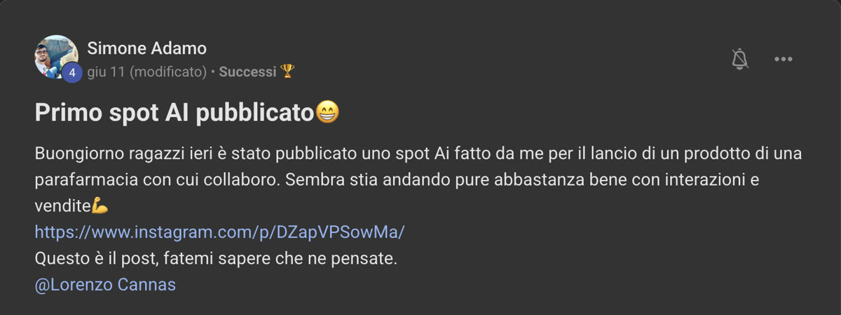 Messaggio di Simone nella community di Editing For Freedom