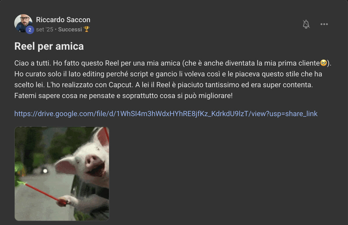 Messaggio di Riccardo nella community di Editing For Freedom