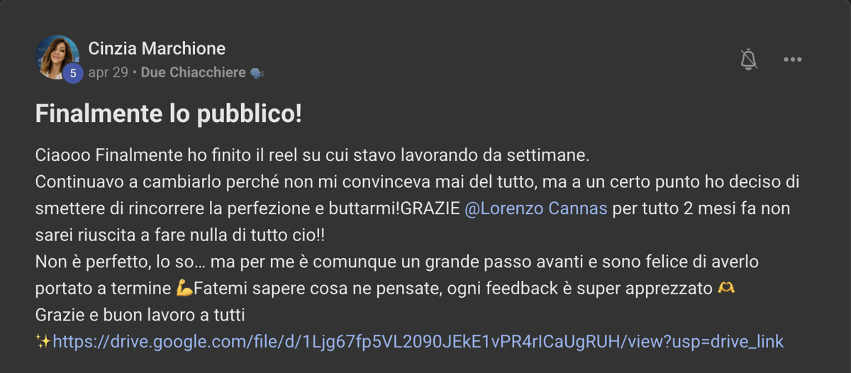 Messaggio di Cinzia nella community di Editing For Freedom
