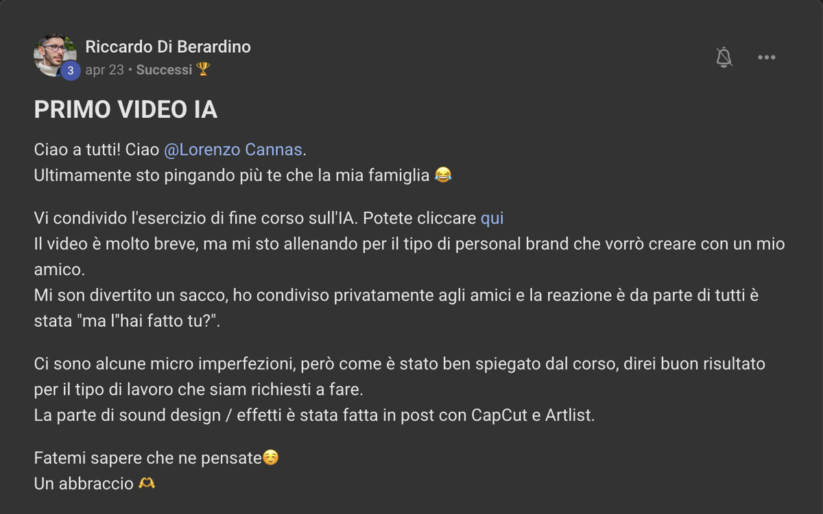 Messaggio di Riccardo nella community di Editing For Freedom