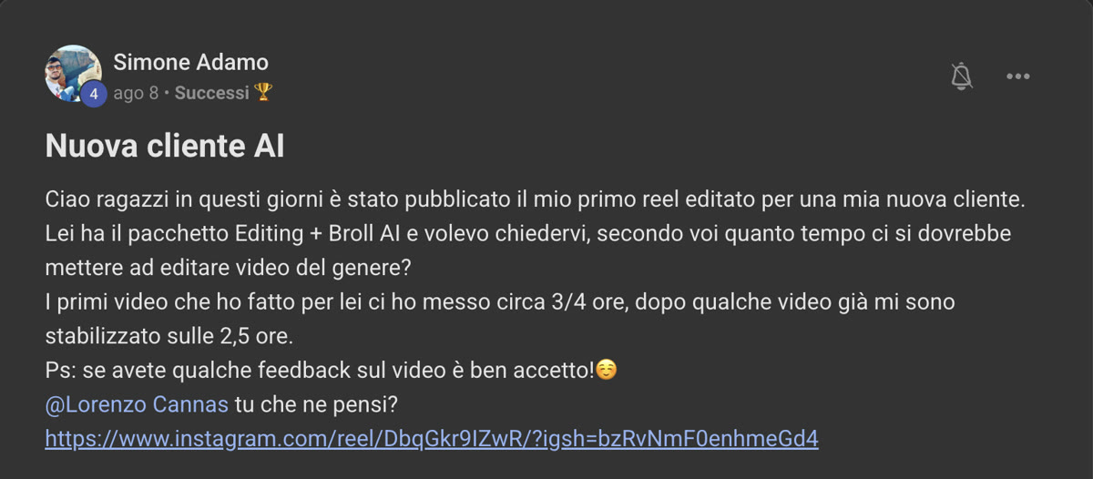 Messaggio di Simone nella community di Editing For Freedom